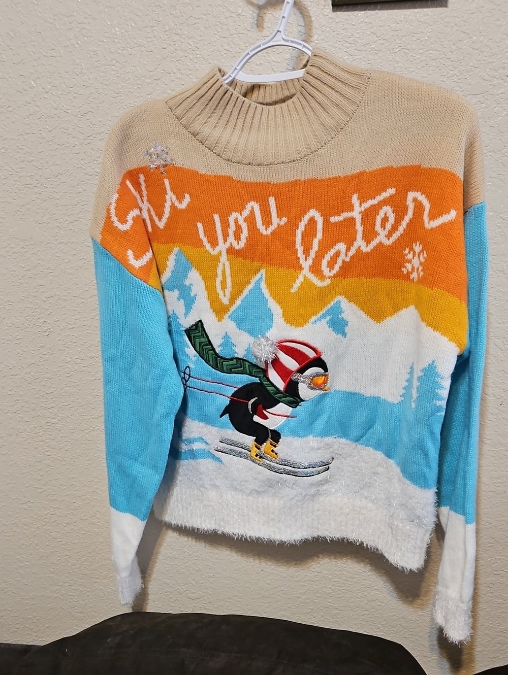 Playful Ski Penguin Turtleneck Sweater - Beige, Orange, Blue